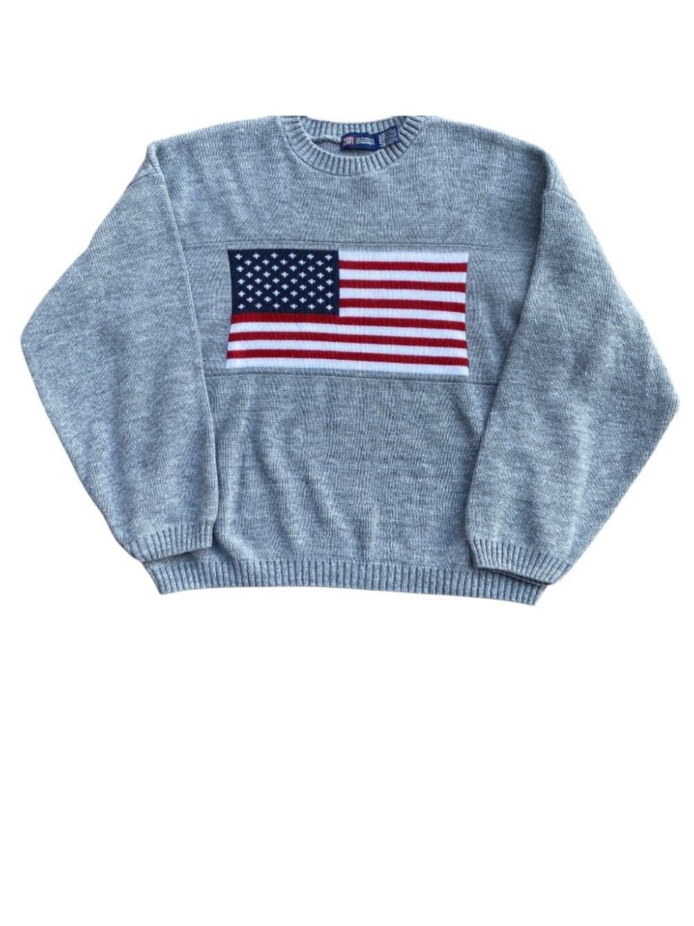 Vintage Faded Glory Made in USA American Flag Knit Sweater Gray Americana 90s-XL